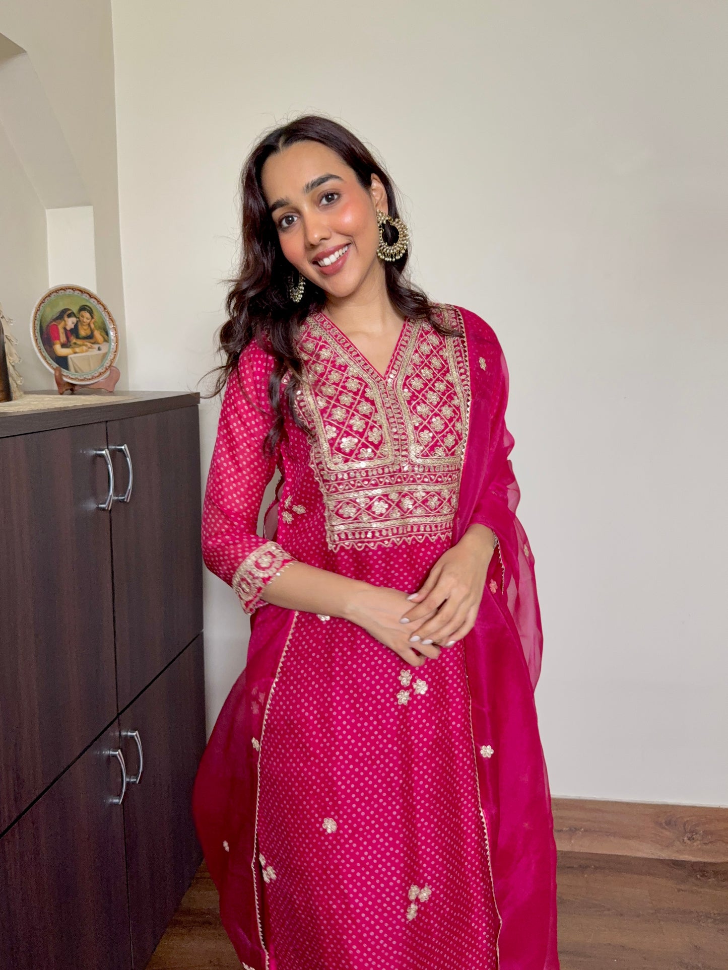 Red Organza Bandhej Print Kurta Set with Gota Dori Embroidery