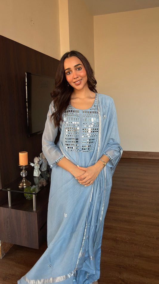 Powder Blue Mirror Embroidery Mul Mul Suit Set