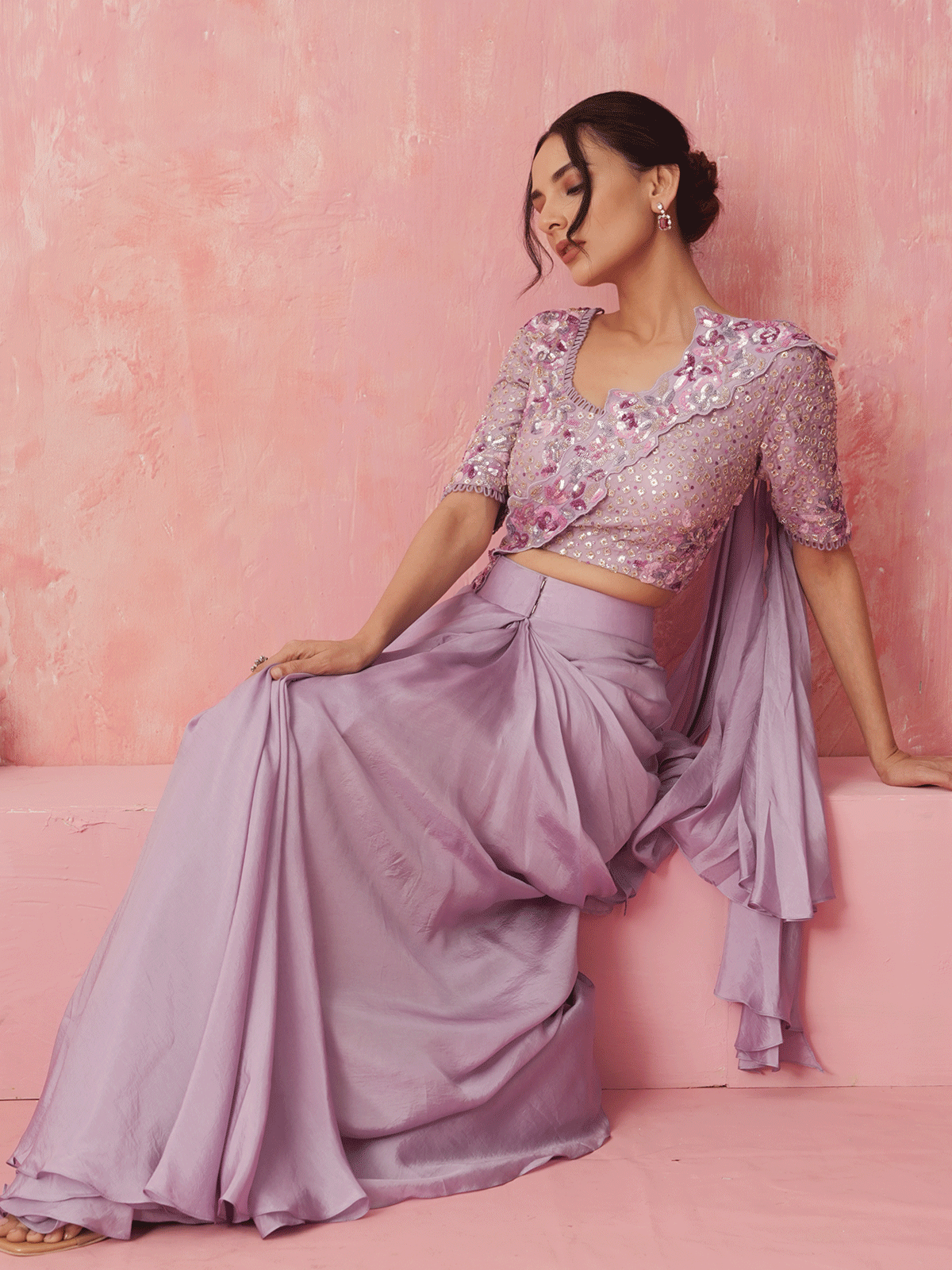 Lavender Purple Pre-Drape Silk Cutdana Saree with Sequins Work