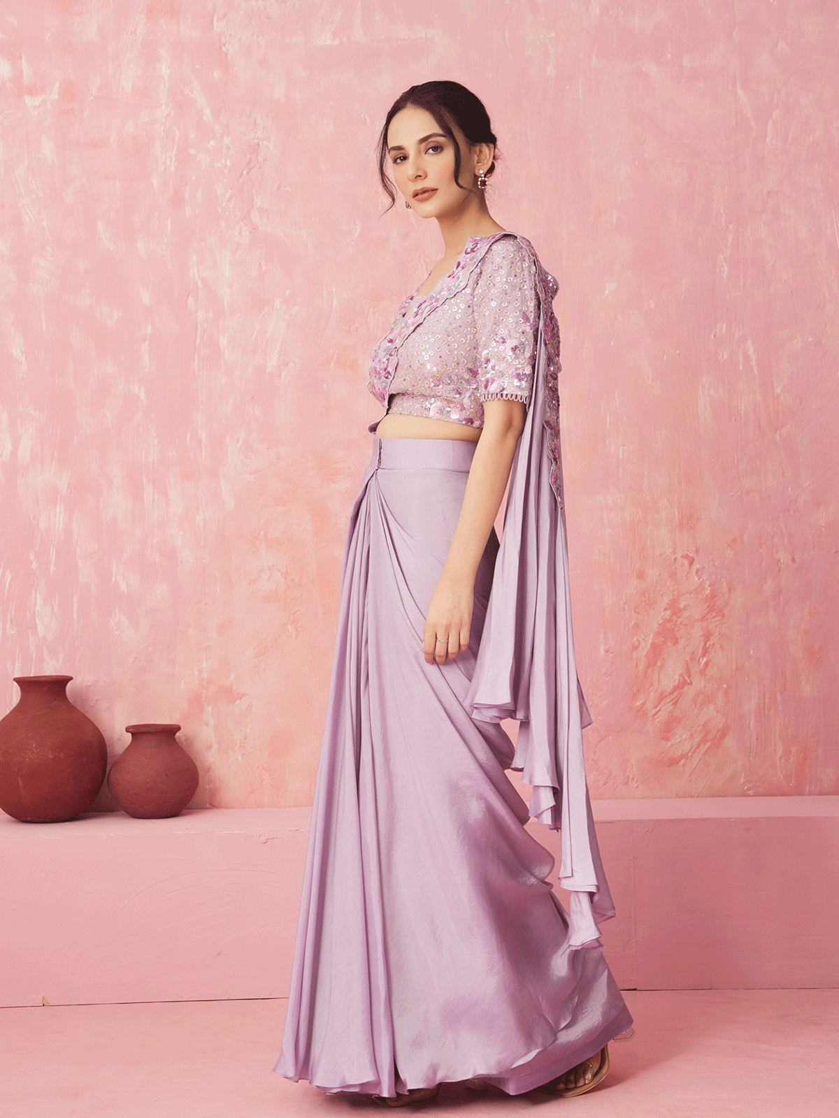 Lavender Purple Pre-Drape Silk Cutdana Saree with Sequins Work