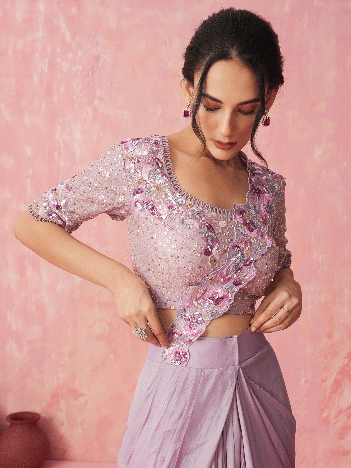 Lavender Purple Pre-Drape Silk Cutdana Saree with Sequins Work