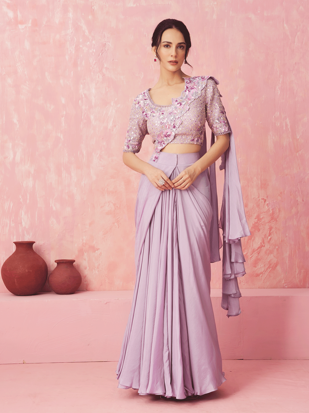 Lavender Purple Pre-Drape Silk Cutdana Saree with Sequins Work