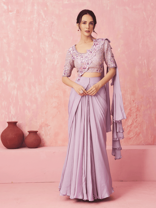 Lavender Purple Pre-Drape Silk Cutdana Saree with Sequins Work
