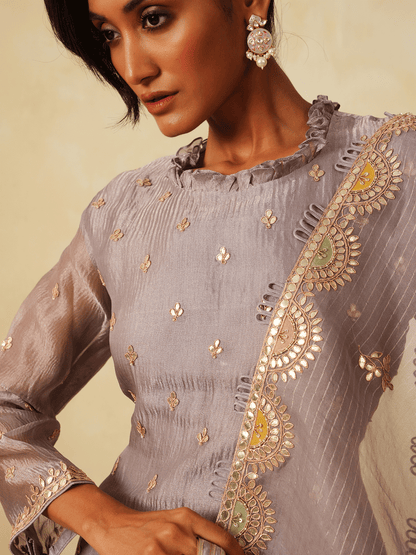 Glimmering Grey Tissue Kurta Set with Gota Patti Work