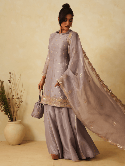 Glimmering Grey Tissue Kurta Set with Gota Patti Work