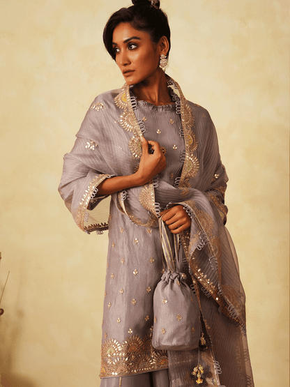 Glimmering Grey Tissue Kurta Set with Gota Patti Work