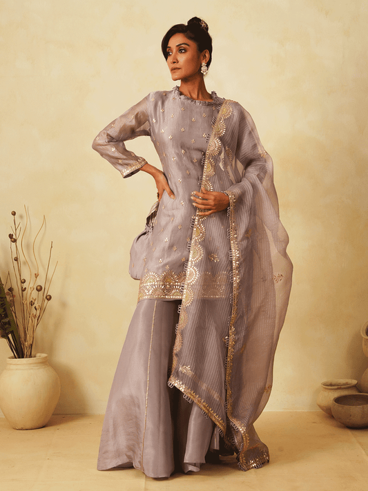 Glimmering Grey Tissue Kurta Set with Gota Patti Work
