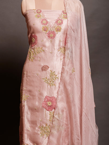 Elegant Pink Tissue Kurta Set with Applique Work - Unstitched