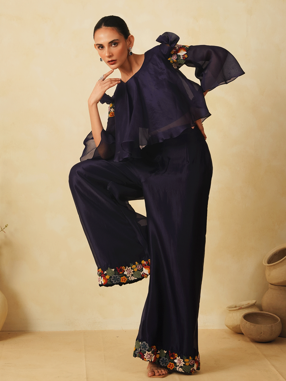 Deep Blue Organza Co-ord Set with Resham Work