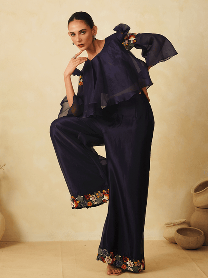 Deep Blue Organza Co-ord Set with Resham Work