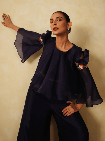 Deep Blue Organza Co-ord Set with Resham Work