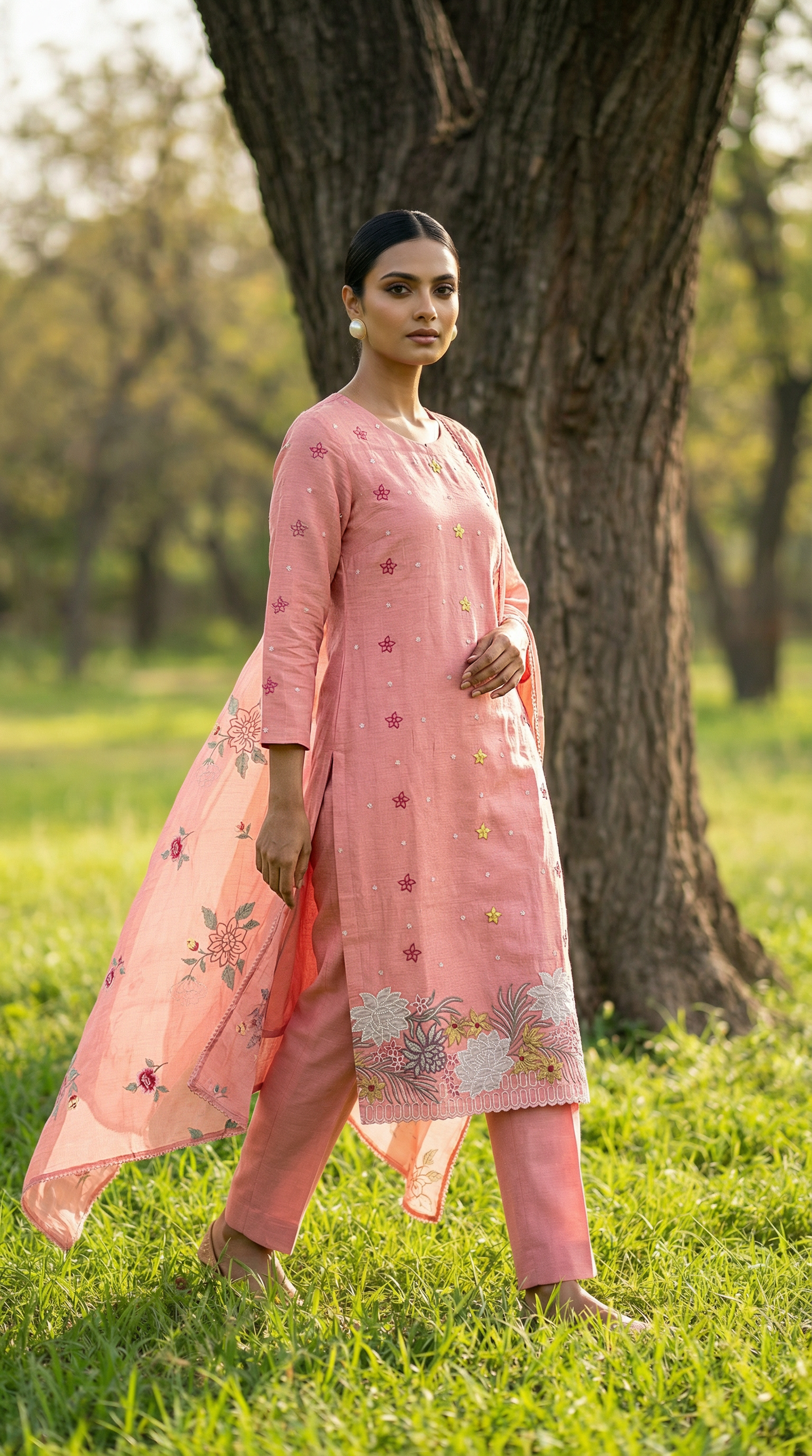 Peach Pink Resham Embroidery Mul Mul Suit Set