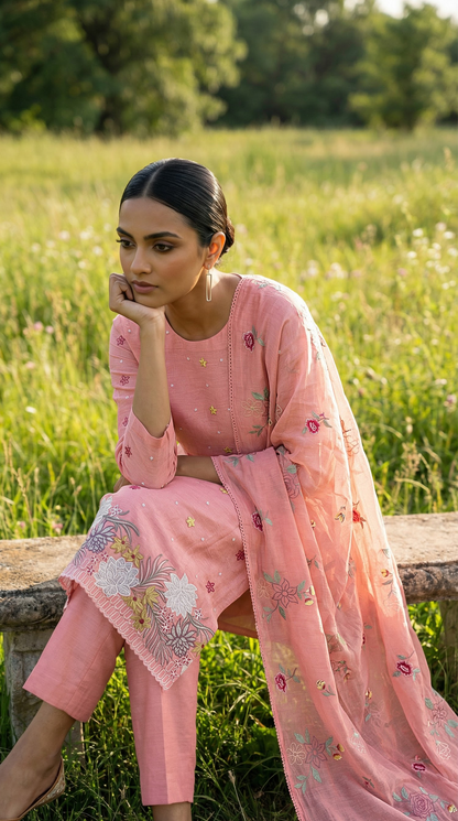 Peach Pink Resham Embroidery Mul Mul Suit Set