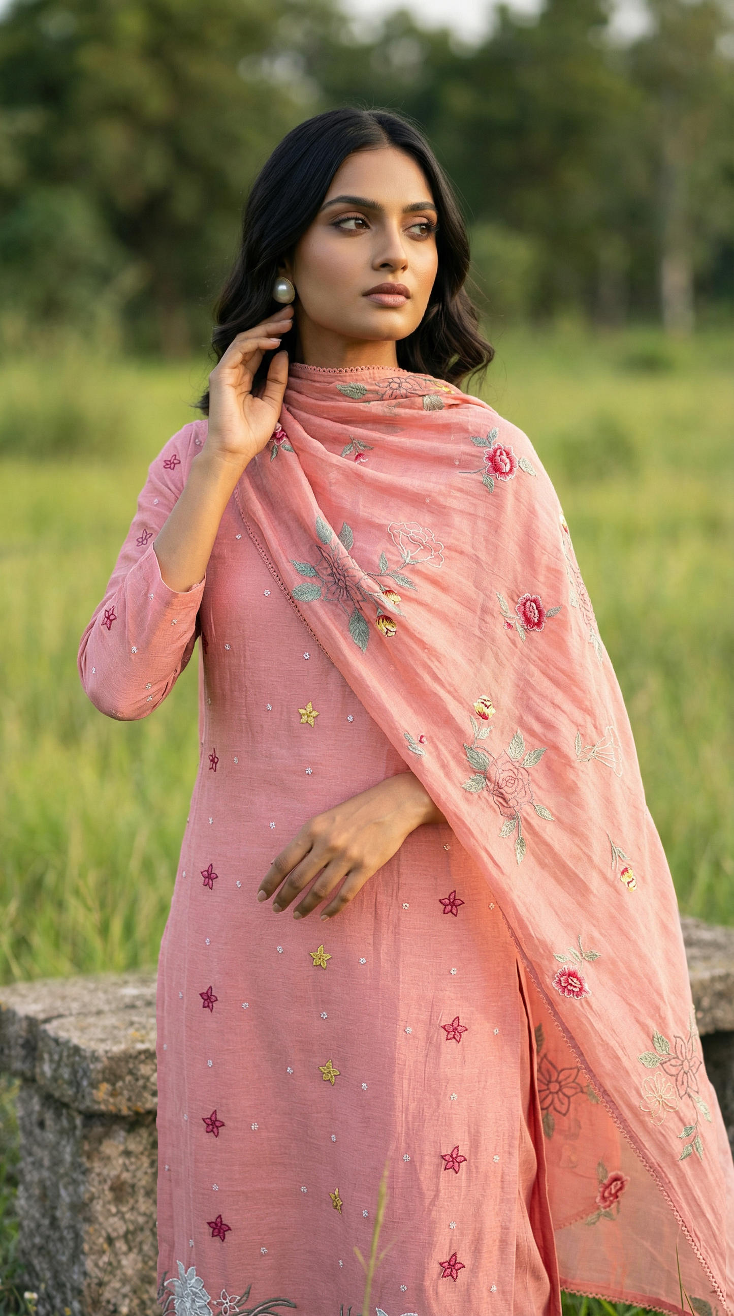 Peach Pink Resham Embroidery Mul Mul Suit Set