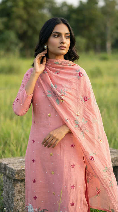 Peach Pink Resham Embroidery Mul Mul Suit Set