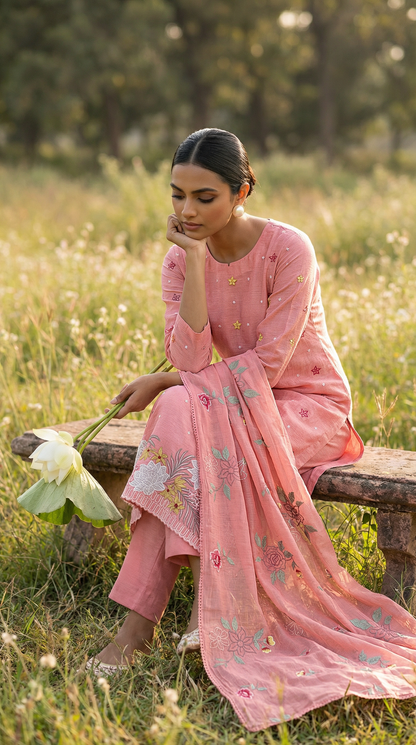 Peach Pink Resham Embroidery Mul Mul Suit Set