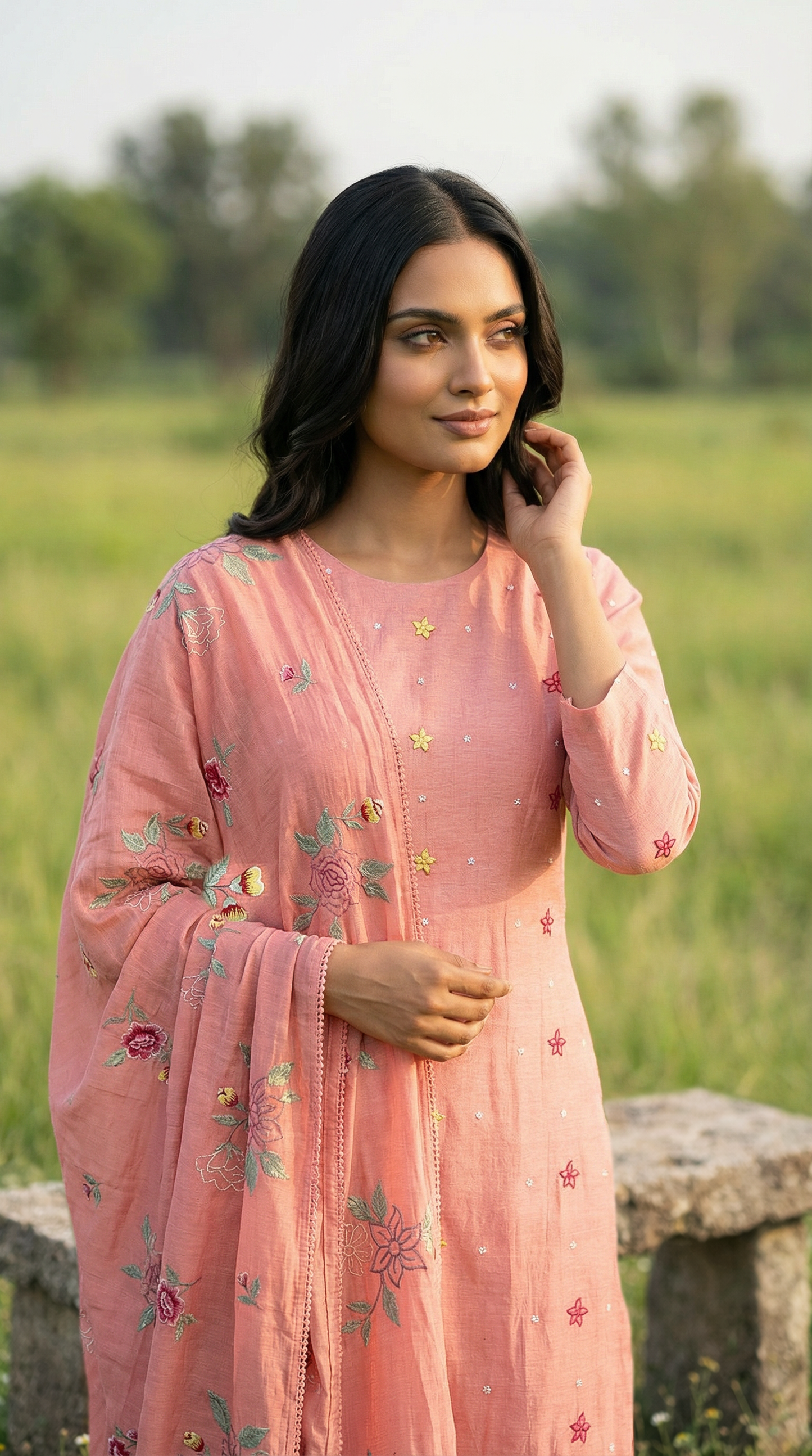 Peach Pink Resham Embroidery Mul Mul Suit Set