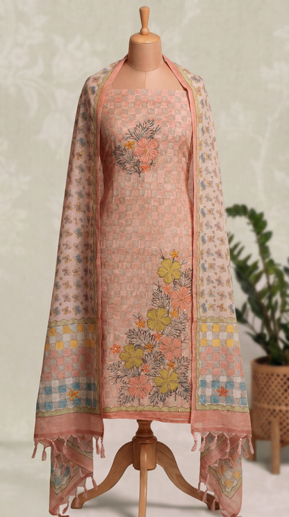 Resham Embroidery Peach Pink Jute Cotton Unstitched Suit Set