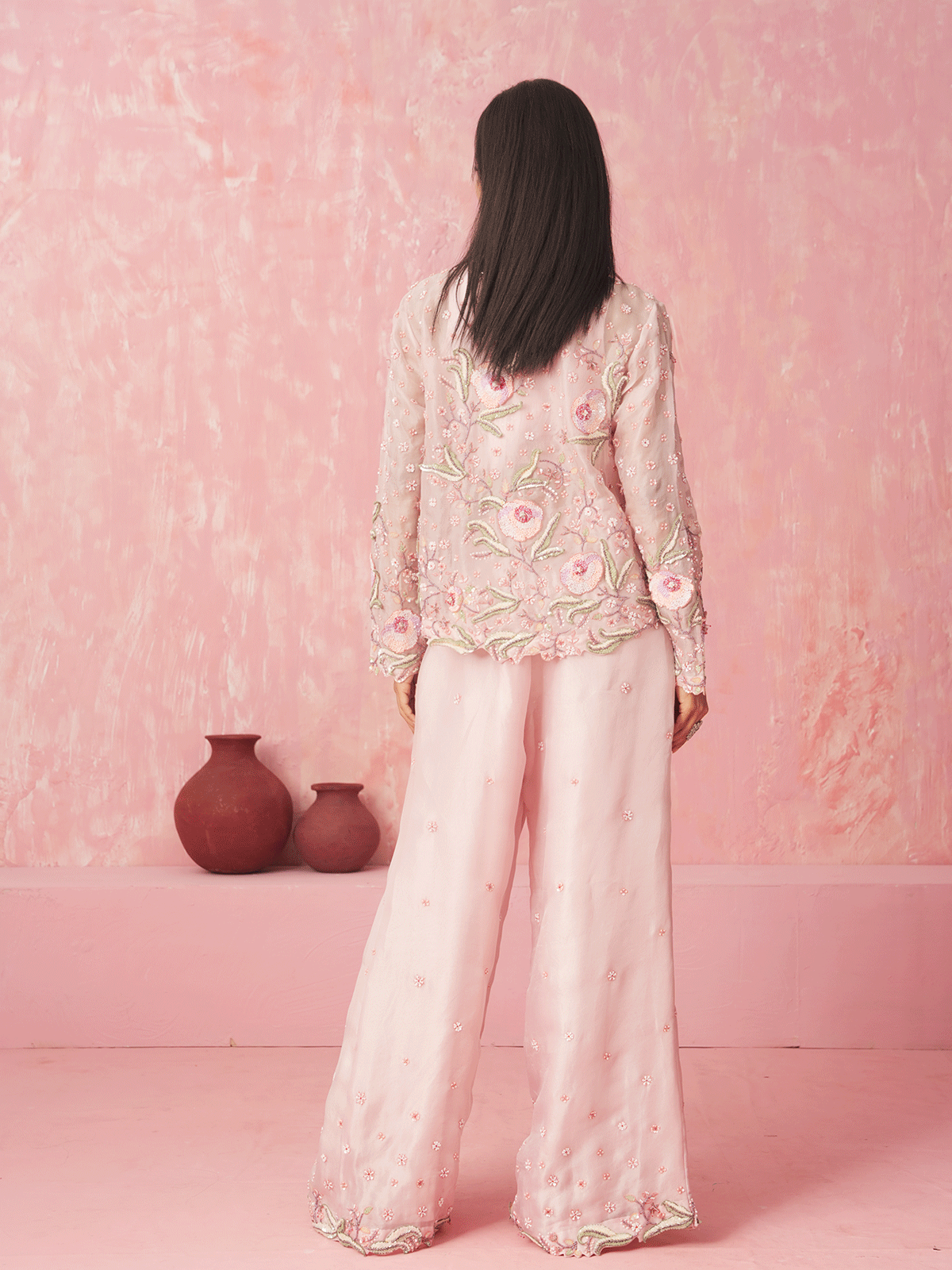 Blush Pink Organza Cutdana Jacket Set with Chir & Sequins Details