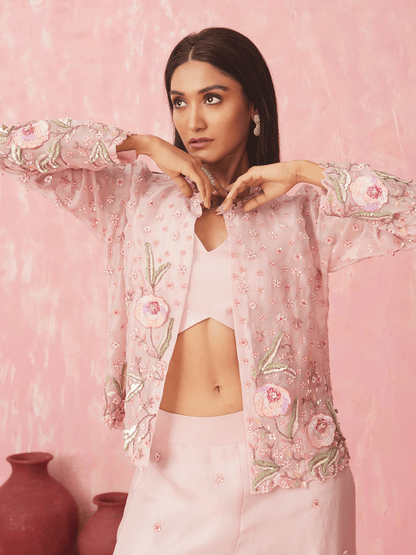 Blush Pink Organza Cutdana Jacket Set with Chir & Sequins Details