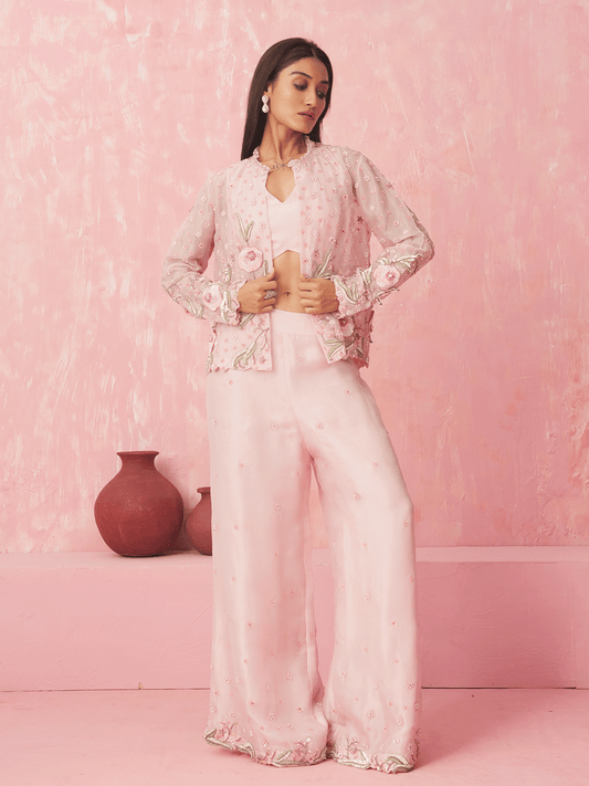 Blush Pink Organza Cutdana Jacket Set with Chir & Sequins Details