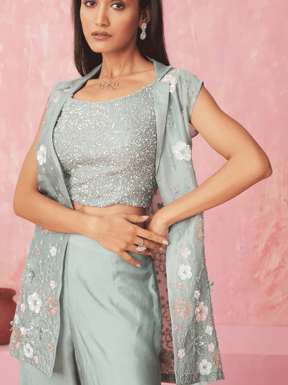 Powder Blue Appliqued Cutdana Jacket Set with Sequins Details