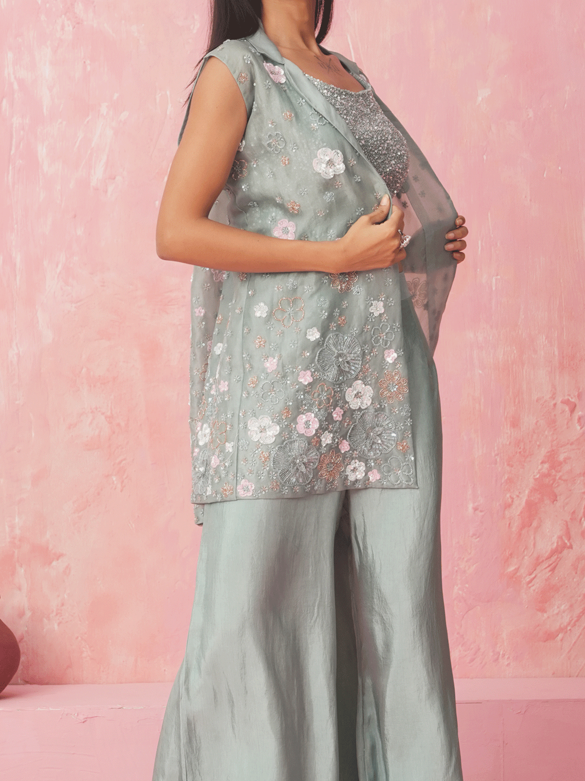 Powder Blue Appliqued Cutdana Jacket Set with Sequins Details