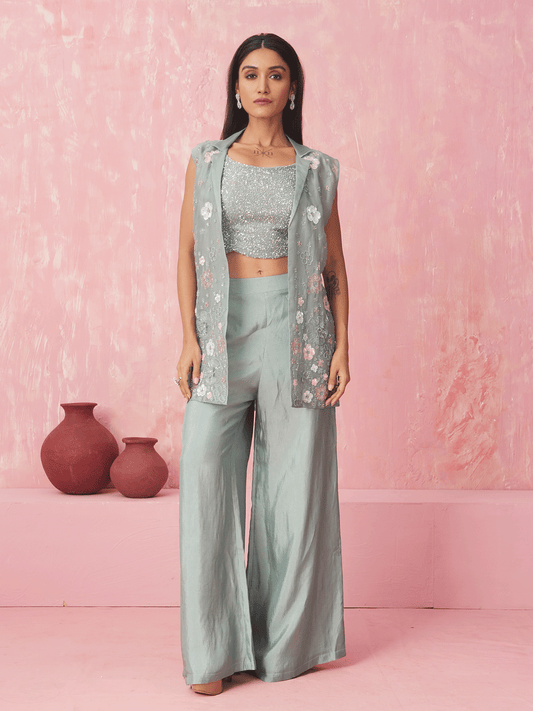 Powder Blue Appliqued Cutdana Jacket Set with Sequins Details