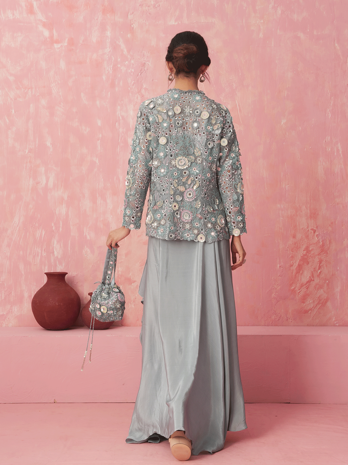 Powder Blue Appliqued Cutdana Jacket & Skirt Set with Mirror Work