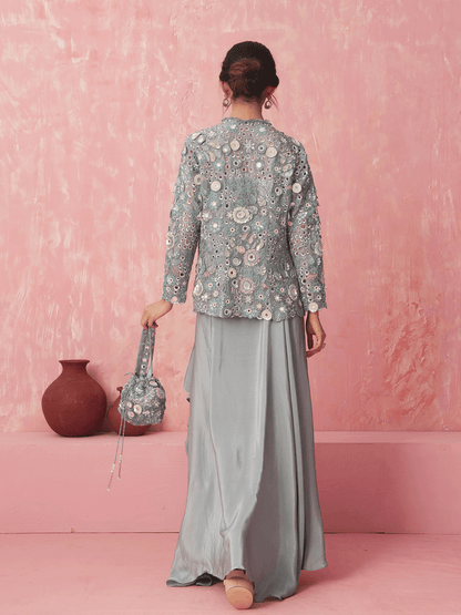 Powder Blue Appliqued Cutdana Jacket & Skirt Set with Mirror Work