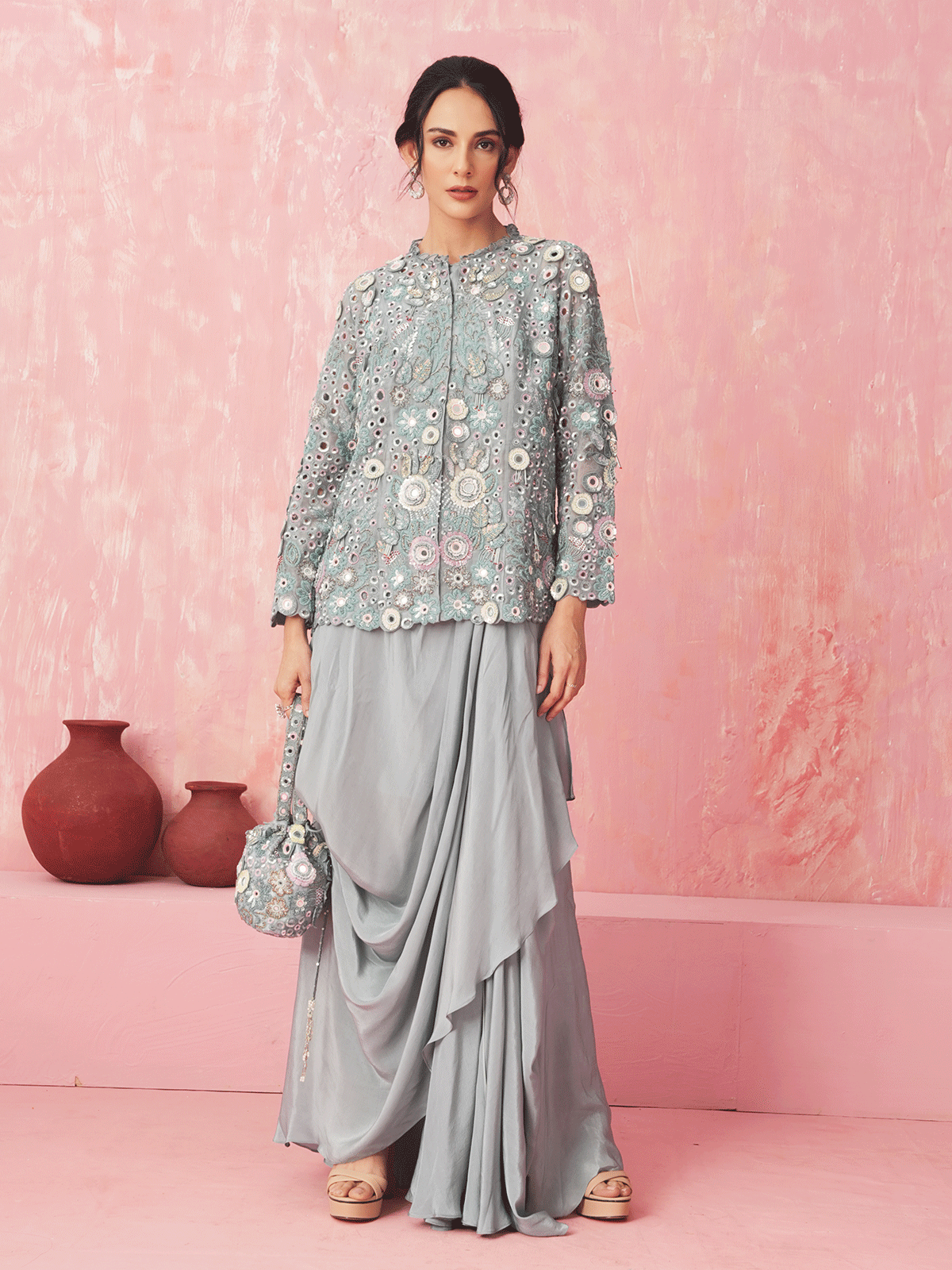 Powder Blue Appliqued Cutdana Jacket & Skirt Set with Mirror Work