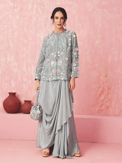 Powder Blue Appliqued Cutdana Jacket & Skirt Set with Mirror Work