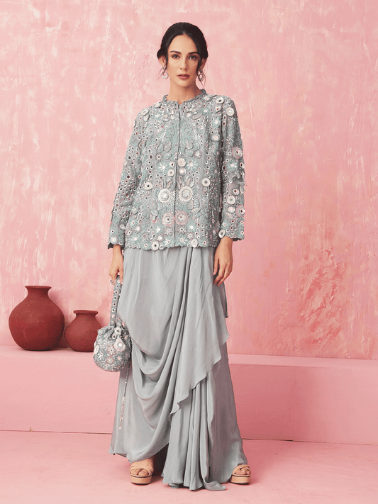 Powder Blue Appliqued Cutdana Jacket & Skirt Set with Mirror Work
