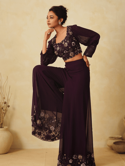 Wine Purple Sequinned Cape & Sharara Set with Mirror Work
