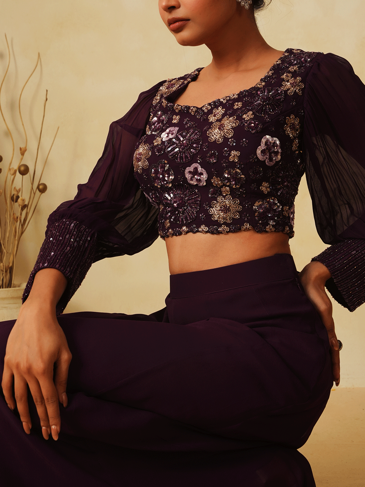 Wine Purple Georgette Sequinned Co-ord Set with Cut Dana Details