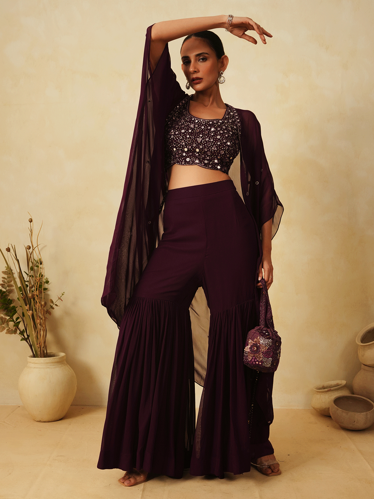 Wine Purple Sequinned Cape & Sharara Set with Mirror Work