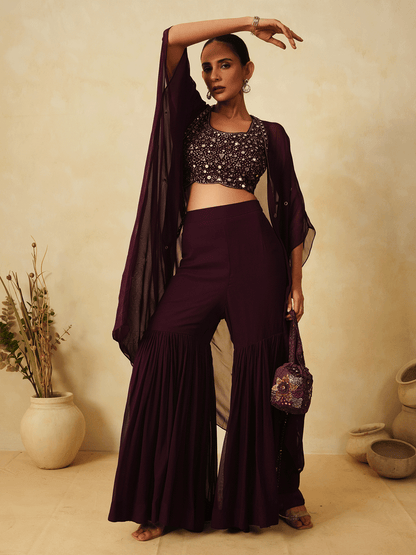 Wine Purple Sequinned Cape & Sharara Set with Mirror Work