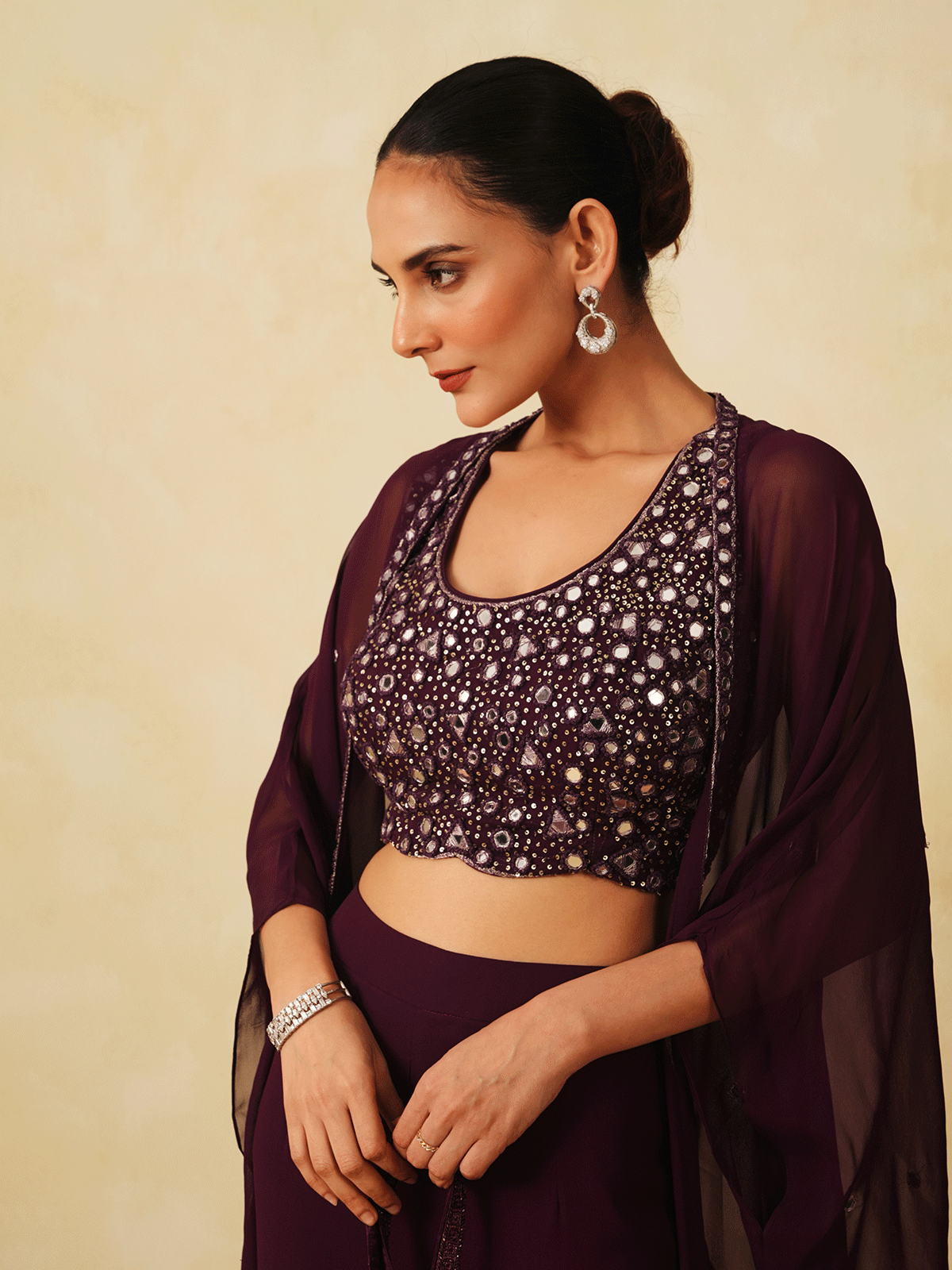 Wine Purple Sequinned Cape & Sharara Set with Mirror Work