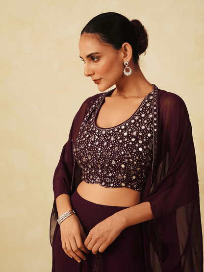 Wine Purple Sequinned Cape & Sharara Set with Mirror Work