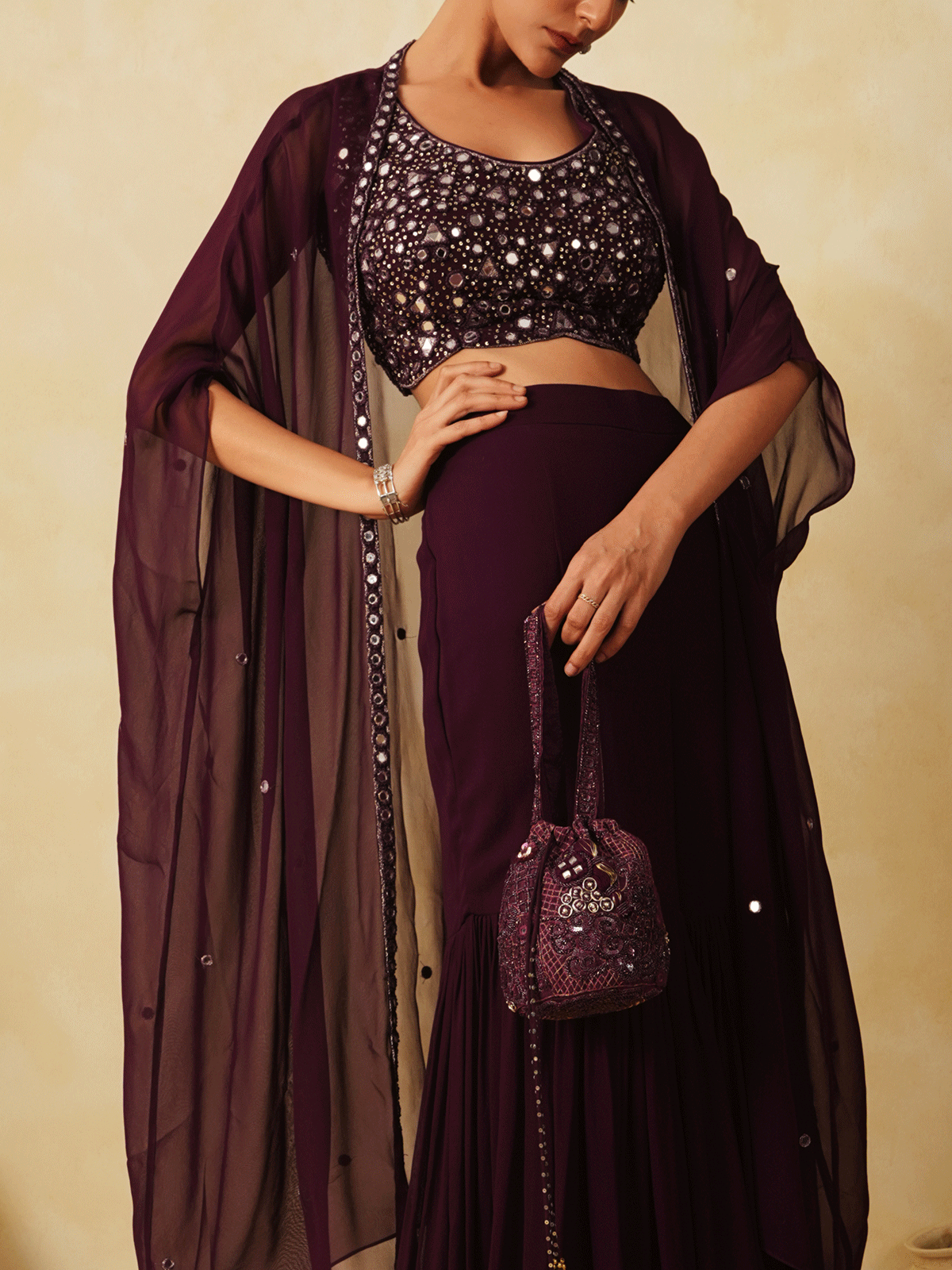 Wine Purple Sequinned Cape & Sharara Set with Mirror Work