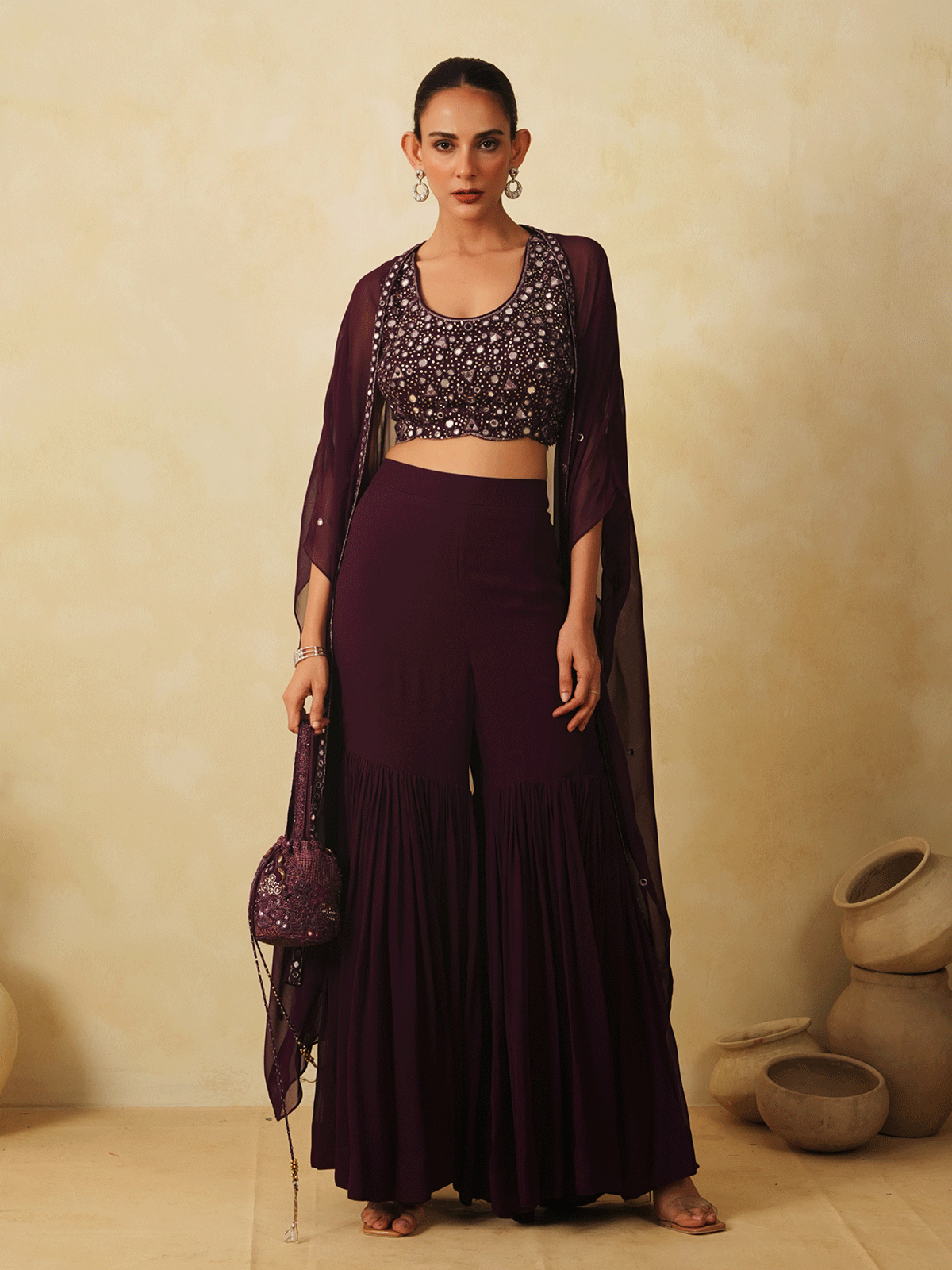 Wine Purple Sequinned Cape & Sharara Set with Mirror Work