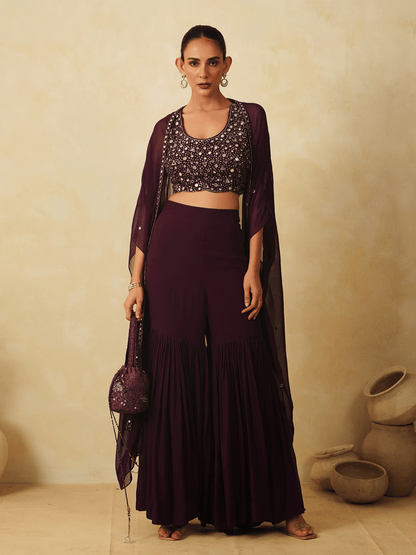 Wine Purple Sequinned Cape & Sharara Set with Mirror Work
