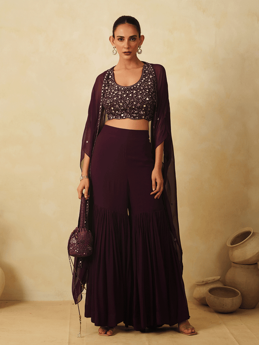 Wine Purple Sequinned Cape & Sharara Set with Mirror Work