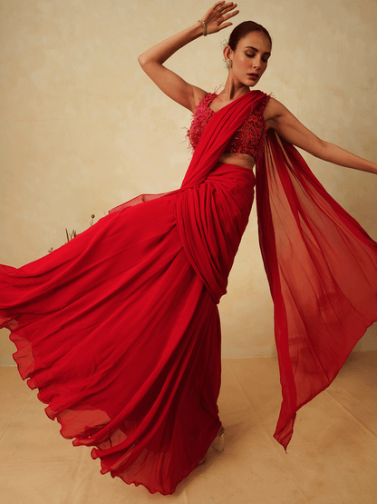 Crimson Red Pre-Drape Appliqued Saree with Feathers