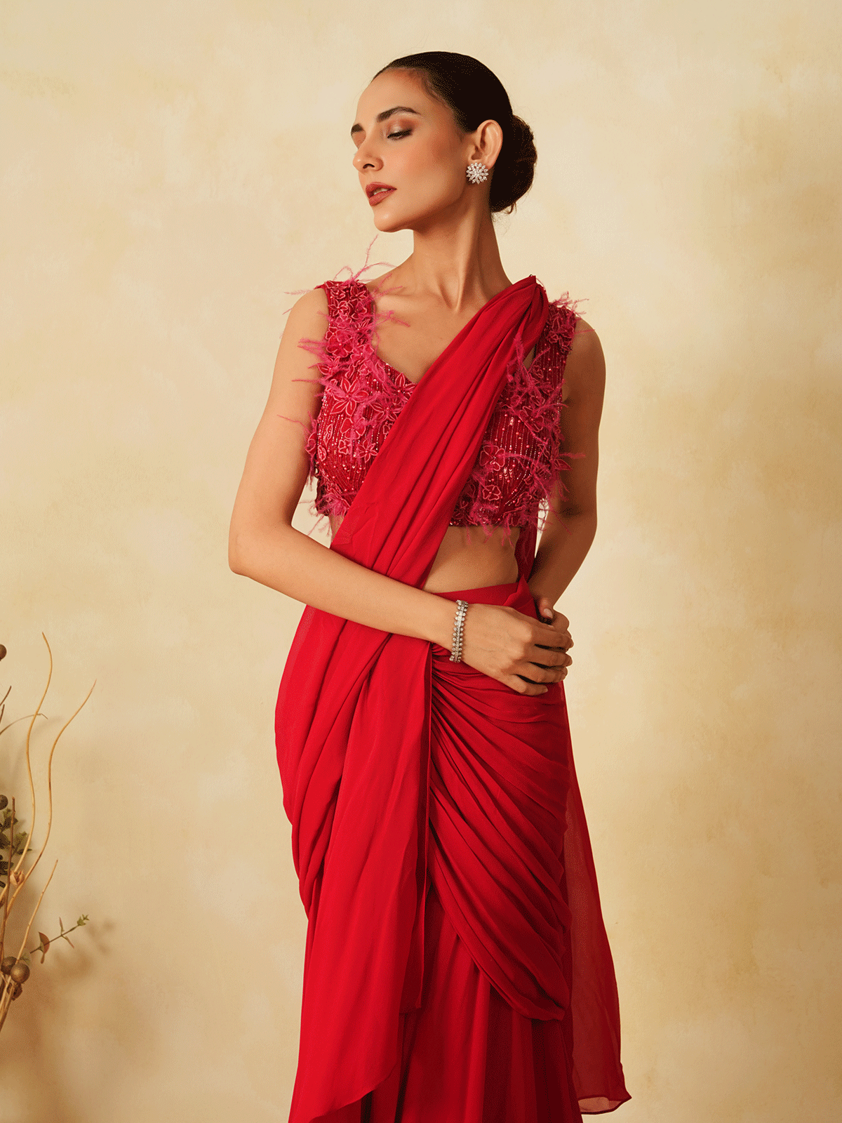 Crimson Red Pre-Drape Appliqued Saree with Feathers