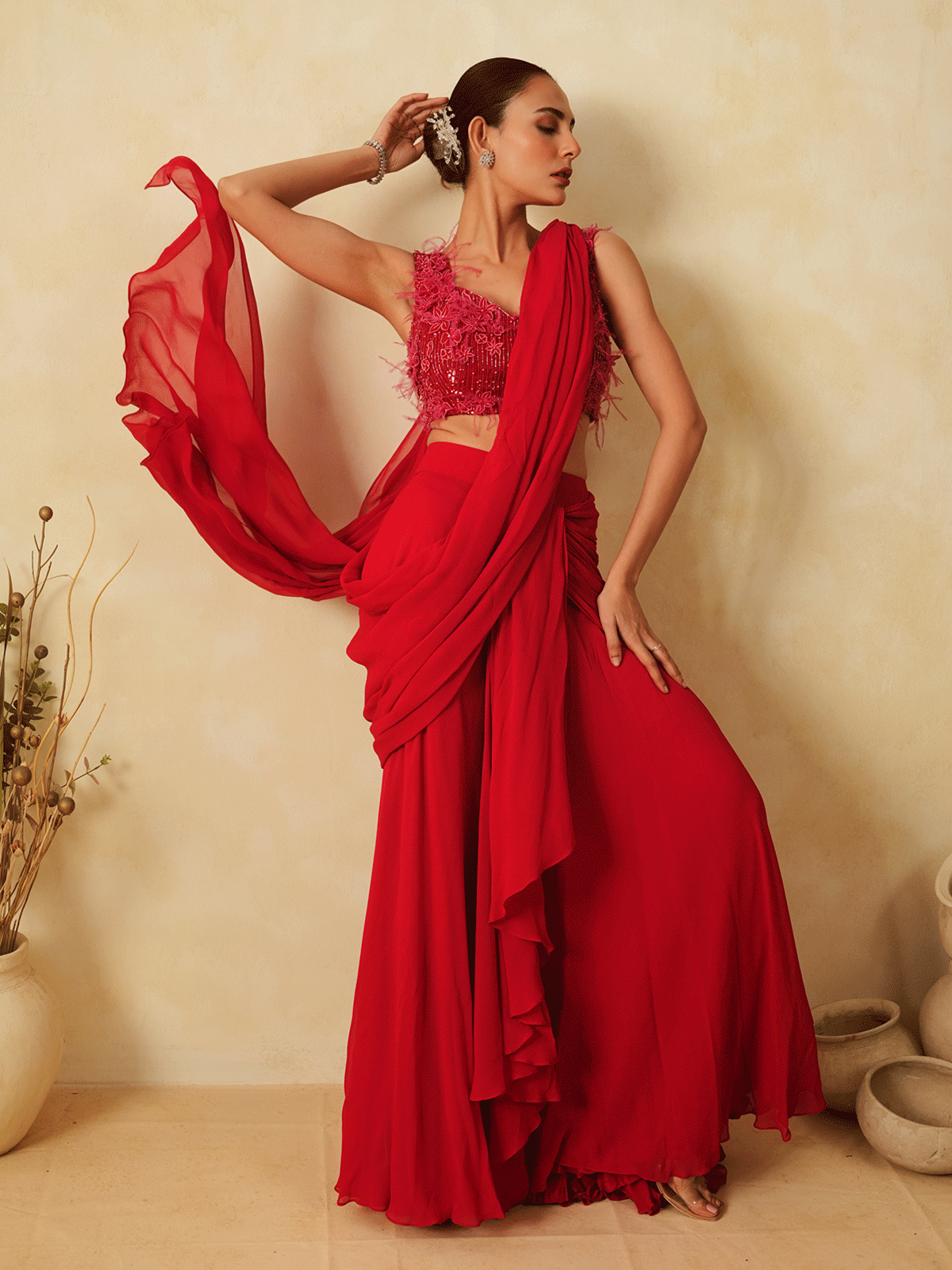Crimson Red Pre-Drape Appliqued Saree with Feathers
