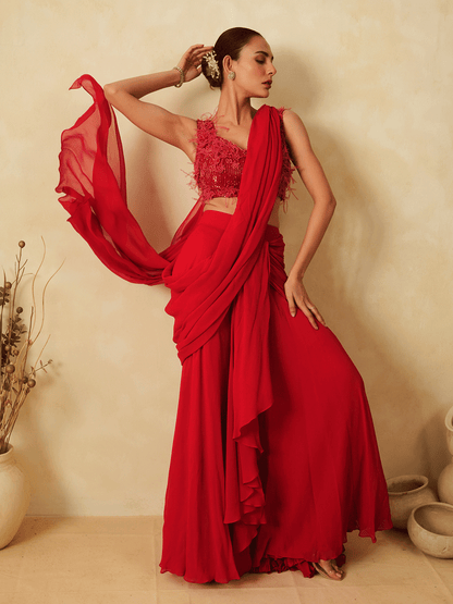 Crimson Red Pre-Drape Appliqued Saree with Feathers