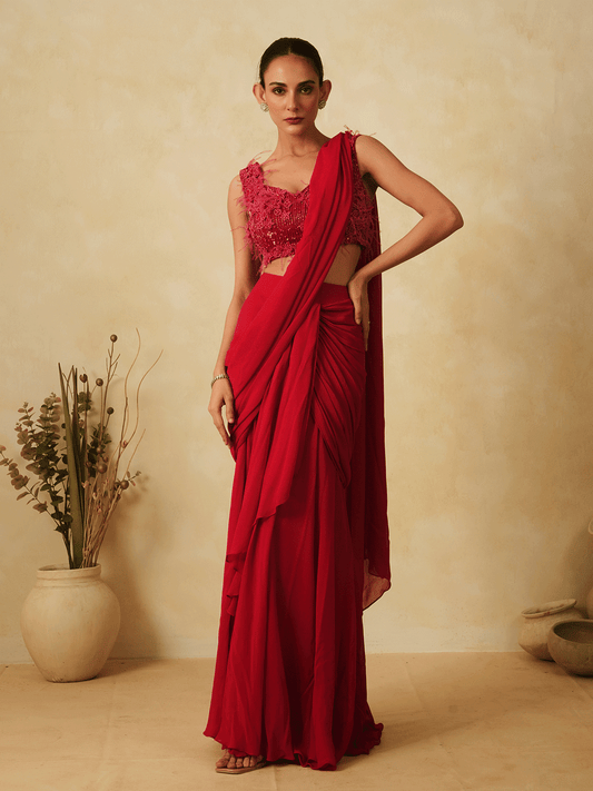 Crimson Red Pre-Drape Appliqued Saree with Feathers