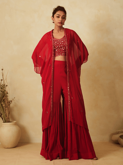 Crimson Red Sequinned Cape & Sharara Set with Mirror Work