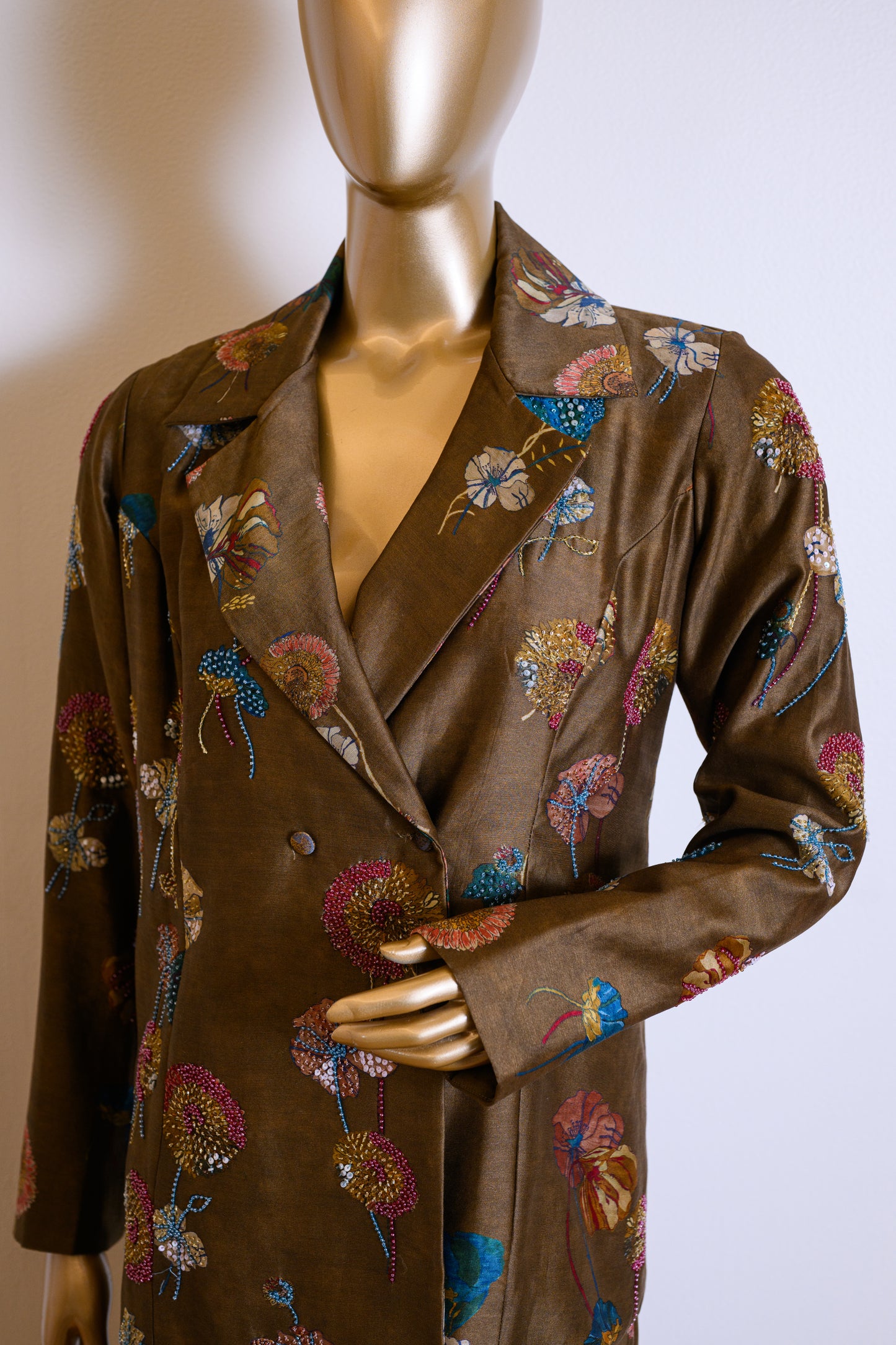 Mehandi Brown Chanderi Cutdana & Sequinned Jacket Set with Chir Work